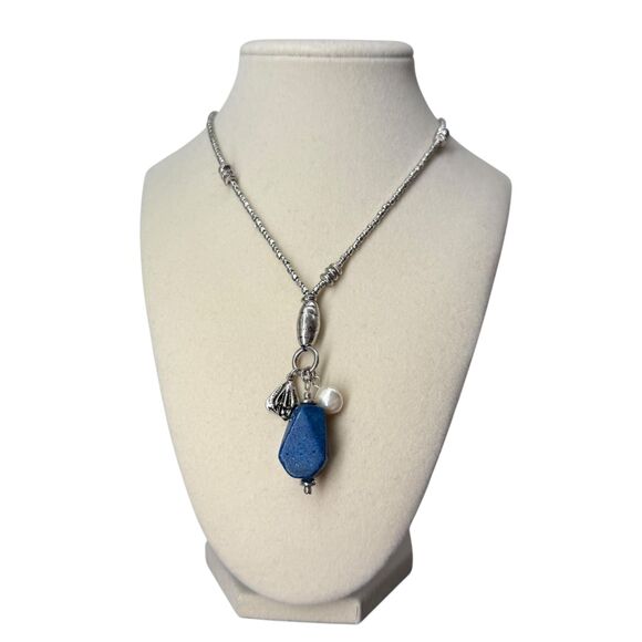 J. Jill Charm Necklace Lapis Stone Shell Pearl Beaded Silver Tone Adjustable NWT - Picture 3 of 9